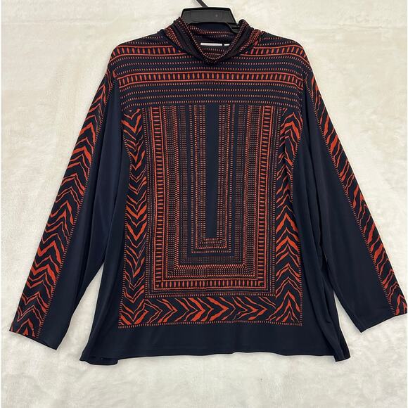 Susan Graver Navy Orange Tunic Top 2X Mock Neck Flowy Geometric - Picture 1 of 8